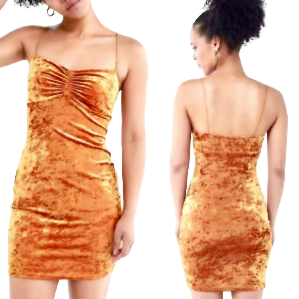 Urban Outfitters Crushed Velvet Strappy Mini Dress Bodycon Rusty Gold Orange M